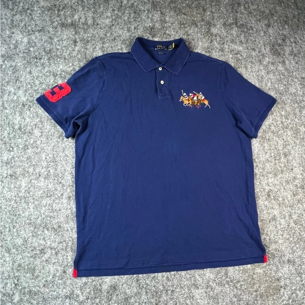 Vintage Polo Ralph Lauren Men's Classic Fit Tripple Pony Polo Shirt Navy Size XL